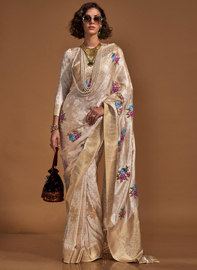 Pure Sattin Beige Wedding Wear Weaving Saree